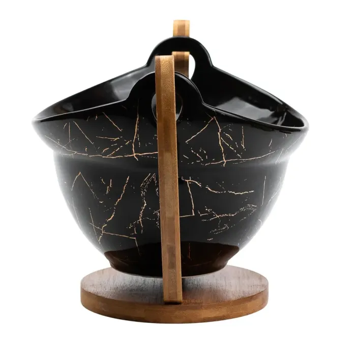 Фруктовница черная керамическая 32×18.5×18 см ваза для фруктов на деревянной подставке (HP1237) - изображение 4