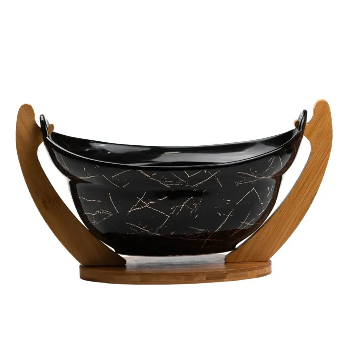 Фруктовница черная керамическая 32×18.5×18 см ваза для фруктов на деревянной подставке (HP1237) - изображение 5