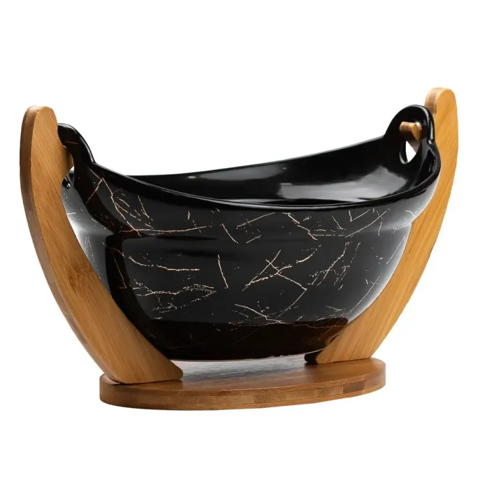 Фруктовница черная керамическая 32×18.5×18 см ваза для фруктов на деревянной подставке (HP1237) - изображение 6