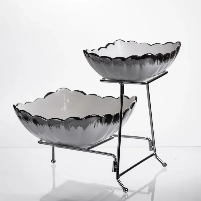 Фруктовниця на 2 яруси фуршетна 27×21×25 (см) Біла з сріблом 2561-1AS (2561-1AS) - зображення 1