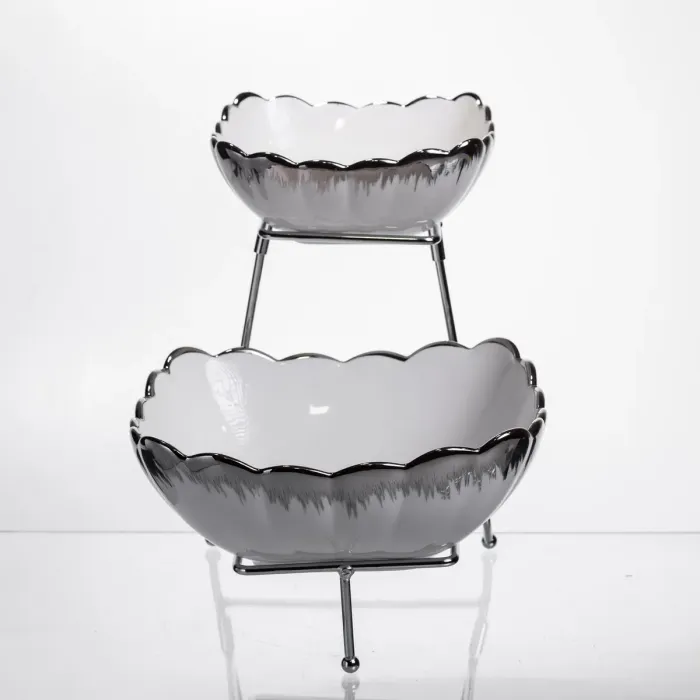 Фруктовниця на 2 яруси фуршетна 27×21×25 (см) Біла з сріблом 2561-1AS (2561-1AS) - зображення 2