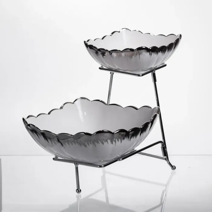 Фруктовниця на 2 яруси фуршетна 27×21×25 (см) Біла з сріблом 2561-1AS (2561-1AS) - зображення 3