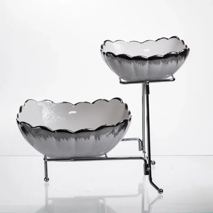 Фруктовниця на 2 яруси фуршетна 27×21×25 (см) Біла з сріблом 2561-1AS (2561-1AS) - зображення 4