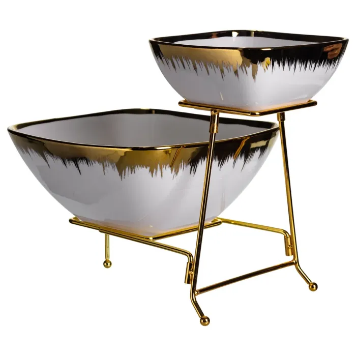 Фруктовниця на 2 яруси фуршетна стійка для закусок 31×23×25 (см) цукерниця Біла з золотом 2558-1 (2558-1) - зображення 1