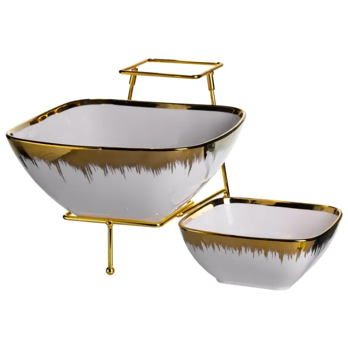 Фруктовниця на 2 яруси фуршетна стійка для закусок 31×23×25 (см) цукерниця Біла з золотом 2558-1 (2558-1) - зображення 2