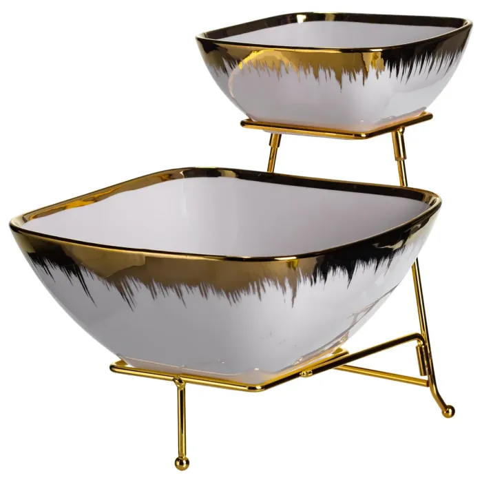 Фруктовниця на 2 яруси фуршетна стійка для закусок 31×23×25 (см) цукерниця Біла з золотом 2558-1 (2558-1) - зображення 4