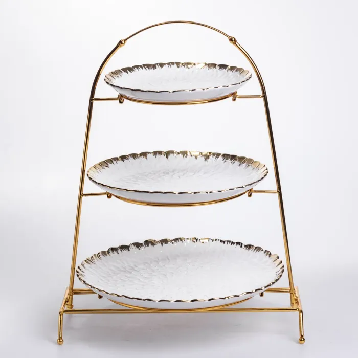 Фруктовниця на 3 яруси фуршетна стійка для закусок 29×25×20 (см) цукерка Білий із золотом YZH-009 (YZH-009) - зображення 1