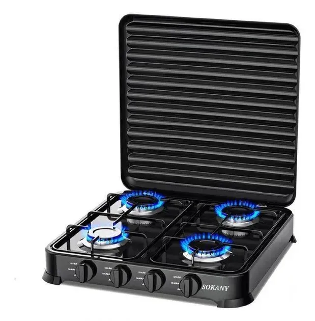 Газова плита настільна Sokany чорна 4 конфорки міні переносна для дачі кемпінгу, портативна газплита туристична SK-6004-Black (SK-6004-Black) - зображення 1