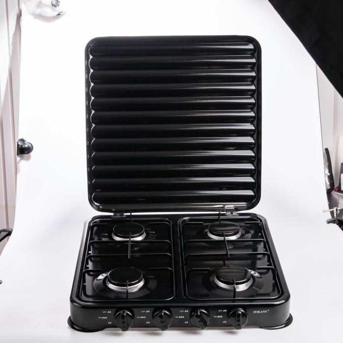 Газова плита настільна Sokany чорна 4 конфорки міні переносна для дачі кемпінгу, портативна газплита туристична SK-6004-Black (SK-6004-Black) - зображення 3