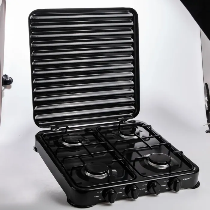 Газова плита настільна Sokany чорна 4 конфорки міні переносна для дачі кемпінгу, портативна газплита туристична SK-6004-Black (SK-6004-Black) - зображення 9