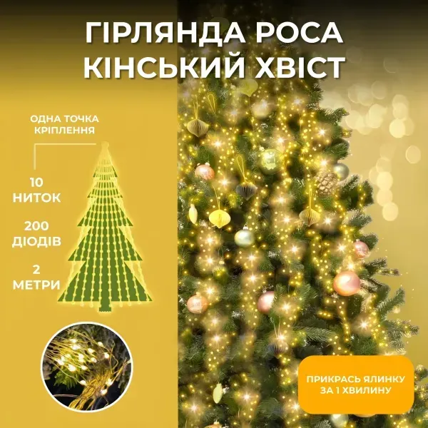Гірлянда Кінський хвіст 2 м 10 ліній на 200 led лампочок на мідному дроті girlyanda електрична від мережі Жовта (1733012Y) - изображение 1
