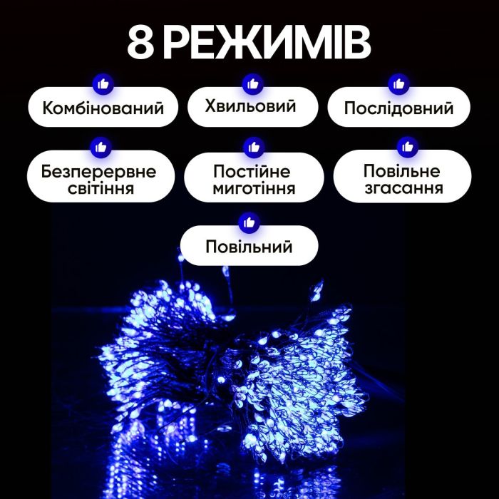 Гірлянда Кінський хвіст Мішура 1200 LED 20 ниток 2 м зелена, синій GarlandoPro D1200L2MGBL (D1200L2MGBL) - изображение 4