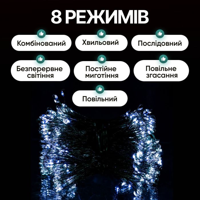 Гірлянда Кінський хвіст Мішура 640 LED 16 ниток 2 м зелена, білий GarlandoPro D640L2MGW (D640L2MGW) - изображение 4