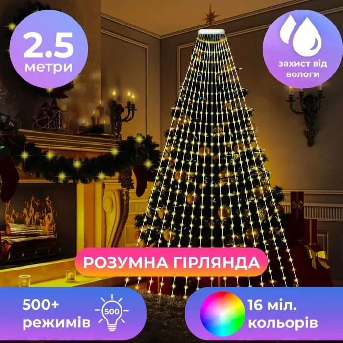Гирлянда с кольцом на елку 2.5 метра Smart 250 led управления телефоном и пульт USB прозрачный провод цветная (1733044W) - изображение 1
