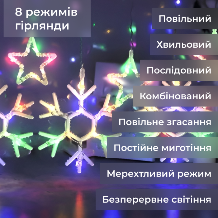 Гирлянда штора снежинки звезды 145 LED динамическая занавес 220В 10 фигур светодиодная мультиколор окно фотозона 3x0.9м (1733065ML) - изображение 3