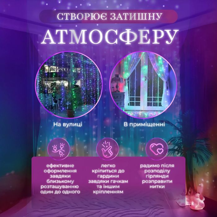 Гирлянда штора светодиодная 144 LED медная проволока от сети мультиколор IP44 8 режимов занавес динамическая Мультиколор (ZWM2320LEDML) - изображение 6