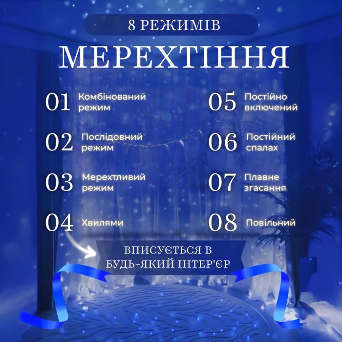 Гирлянда штора водопад светодиодная 144 LED динамичная IP44 от сети гирлянда водопад на окно Гирлянда-водопад Синяя (ZWM2320LEDBL) - изображение 6