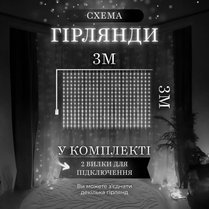 Гирлянда водопад светодиодная 270 LED динамическая занавес 220В 10 нитей сетевая для окна квартиры декор 3×3 белый Белая (1733051W) - изображение 5
