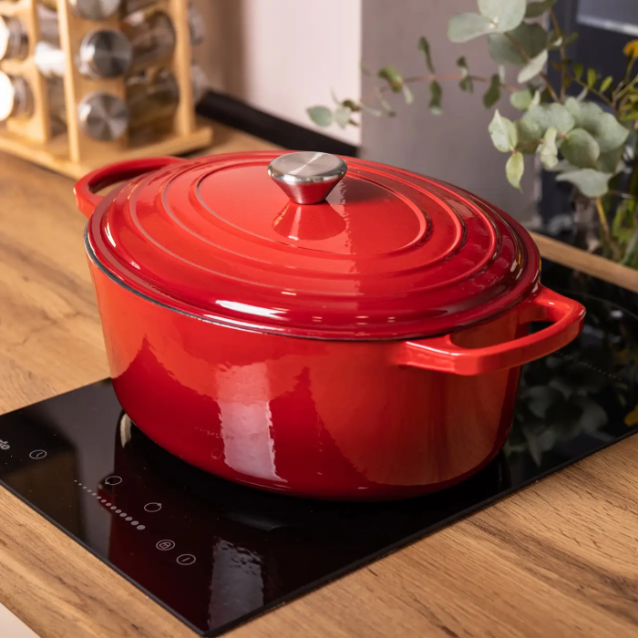 Гусятниця чавунна емальована червона 6 літрів Ø26 см з кришкою, посуд для тушкування запікання всіх типів плит HP-1-10-RED (HP-1-10-RED) - зображення 2