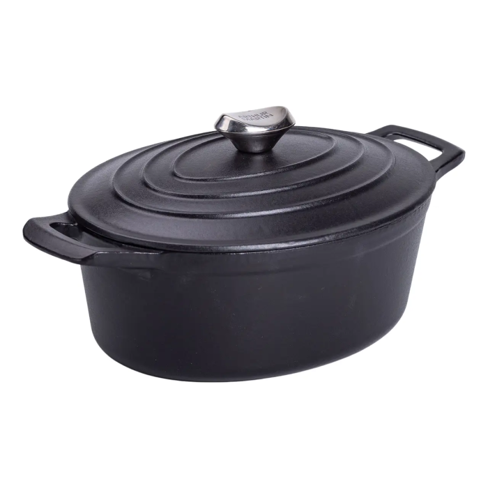 Гусятниця чавунна з кришкою 3 л Ø22 см чорна, каченята казан для тушкування запікання кухонний посуд HP-1-11-BLACK (HP-1-11-BLACK) - зображення 1