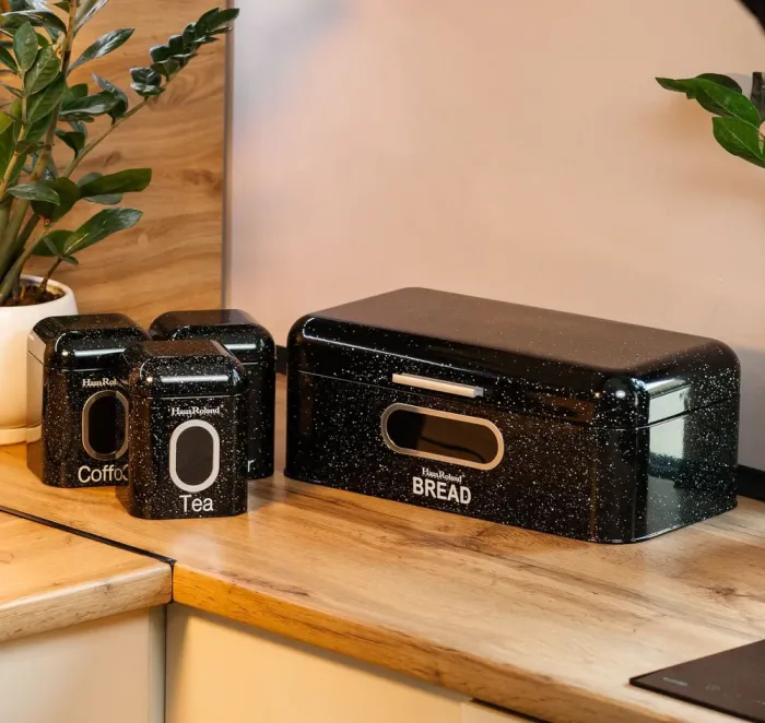 Хлебница черная с банками для хранения сыпучих продуктов 3 шт по 1 литру (HP33533B) - изображение 1