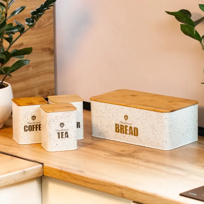 Хлебница с бамбуковой крышкой с банками для кофе чая сахара по 1 литру набор белый - изображение 1