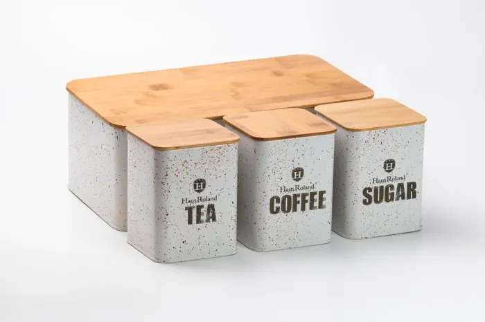 Хлебница с бамбуковой крышкой с банками для кофе чая сахара по 1 литру набор белый - изображение 4