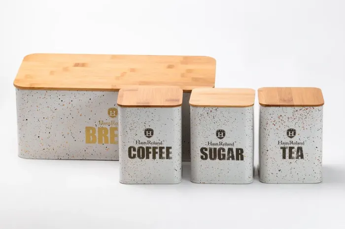 Хлебница с бамбуковой крышкой с банками для кофе чая сахара по 1 литру набор белый - изображение 5