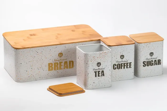 Хлебница с бамбуковой крышкой с банками для кофе чая сахара по 1 литру набор белый - изображение 6