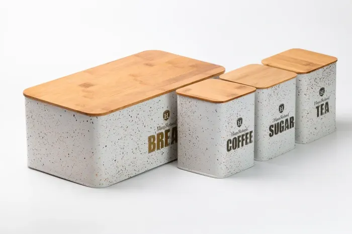 Хлебница с бамбуковой крышкой с банками для кофе чая сахара по 1 литру набор белый - изображение 7