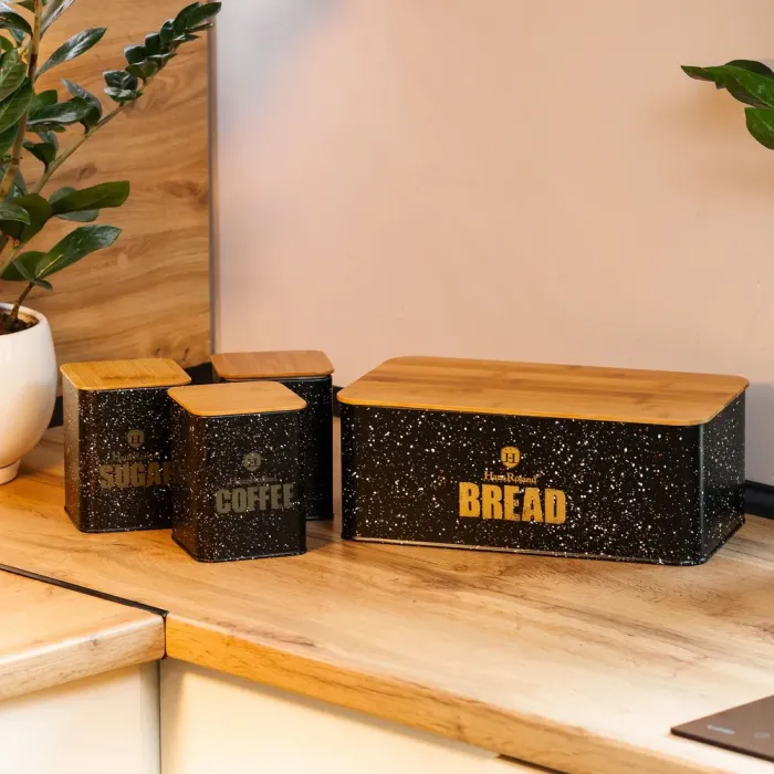 Хлебница с бамбуковой крышкой с банками для кофе чая сахара по 1 литру черный набор - изображение 1