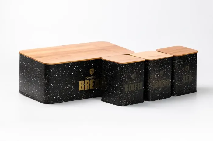 Хлебница с бамбуковой крышкой с банками для кофе чая сахара по 1 литру черный набор - изображение 4