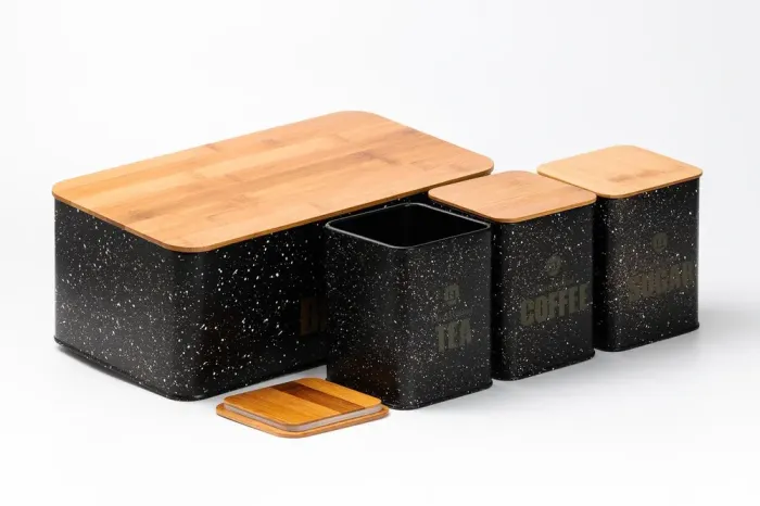 Хлебница с бамбуковой крышкой с банками для кофе чая сахара по 1 литру черный набор - изображение 5