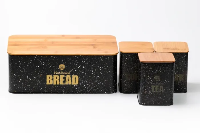 Хлебница с бамбуковой крышкой с банками для кофе чая сахара по 1 литру черный набор - изображение 6