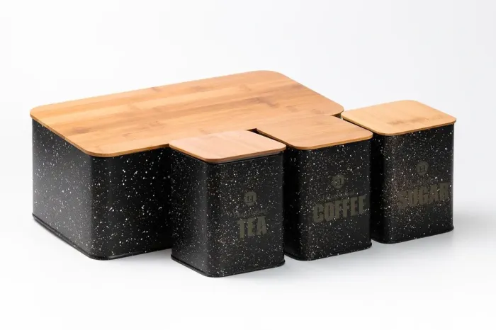 Хлебница с бамбуковой крышкой с банками для кофе чая сахара по 1 литру черный набор - изображение 8