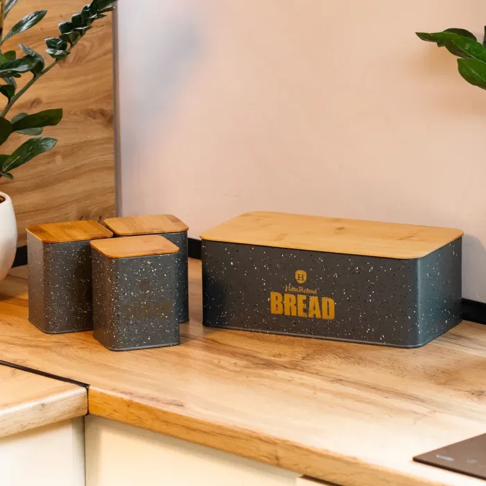 Хлебница с бамбуковой крышкой с банками для кофе чая сахара по 1 литру серый набор - изображение 1