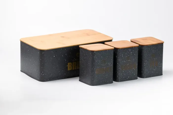 Хлебница с бамбуковой крышкой с банками для кофе чая сахара по 1 литру серый набор - изображение 2