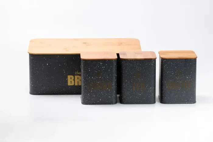 Хлебница с бамбуковой крышкой с банками для кофе чая сахара по 1 литру серый набор - изображение 3