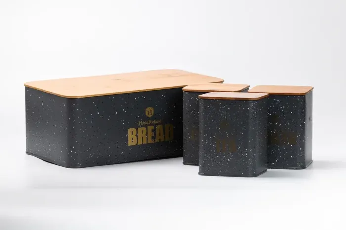 Хлебница с бамбуковой крышкой с банками для кофе чая сахара по 1 литру серый набор - изображение 4