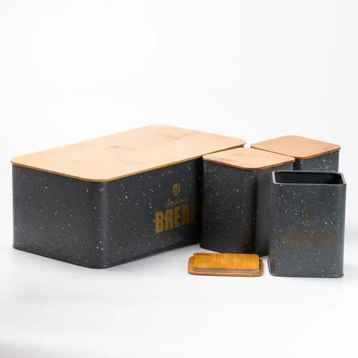 Хлебница с бамбуковой крышкой с банками для кофе чая сахара по 1 литру серый набор - изображение 6