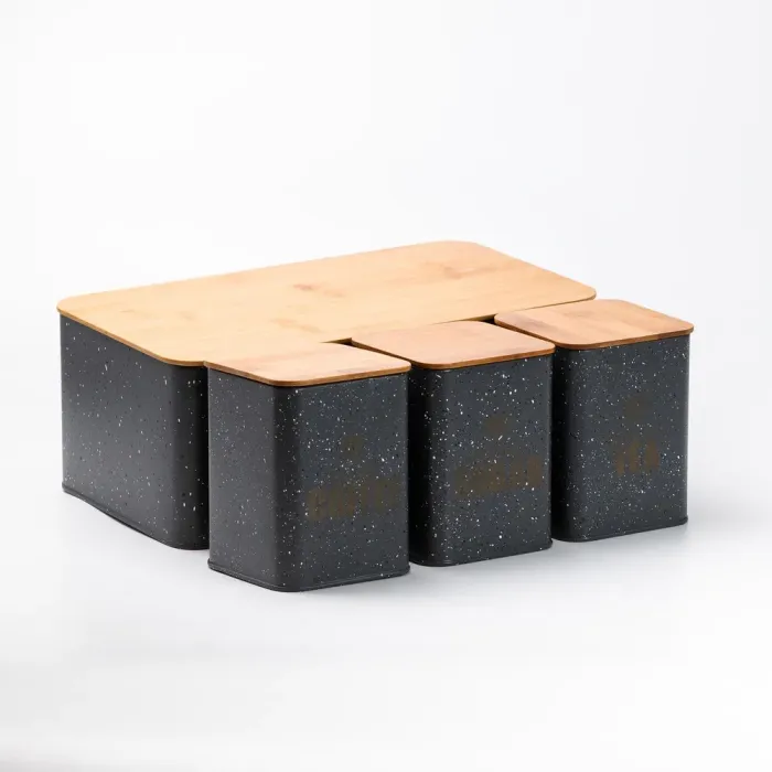 Хлебница с бамбуковой крышкой с банками для кофе чая сахара по 1 литру серый набор - изображение 8