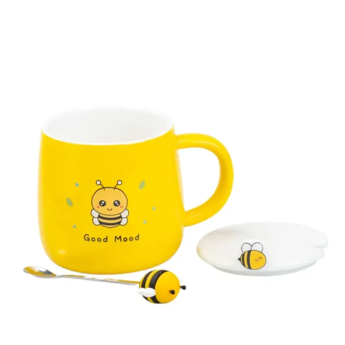 Чашка с крышкой и ложкой 450 мл керамическая "Пчелка" Желтая (HP7199) - изображение 5