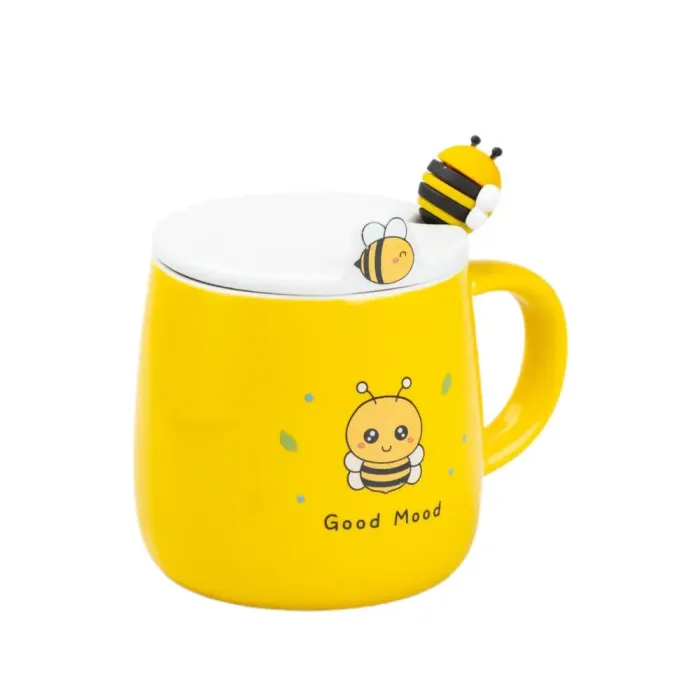 Чашка с крышкой и ложкой 450 мл керамическая "Пчелка" Желтая (HP7199) - изображение 2