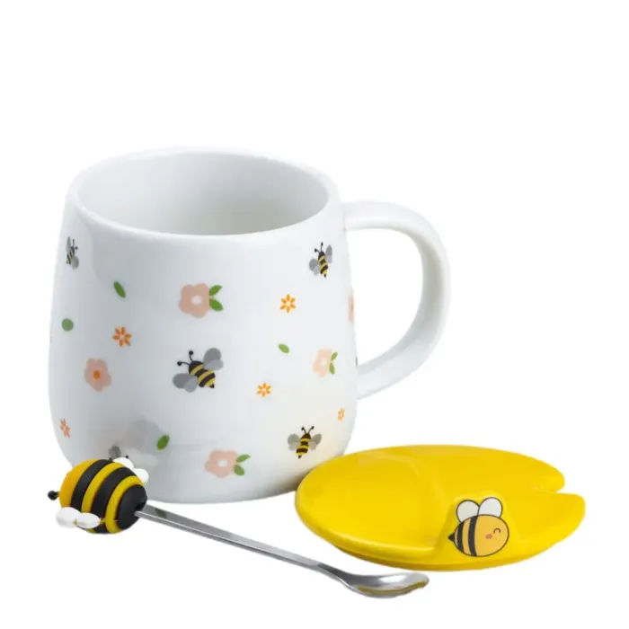 Чашка с крышкой и ложкой 450 мл керамическая "Пчелка" с зеленой точкой (HP7199GR) - изображение 2