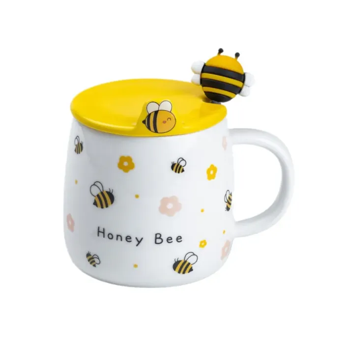 Чашка с крышкой и ложкой 450 мл керамическая "Пчелка" с желтой точечкой (HP7199WY) - изображение 1