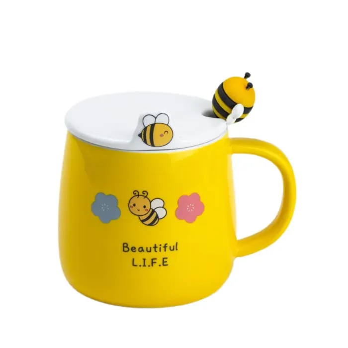Чашка с крышкой и ложкой 450 мл керамическая "Пчелка" желтая с цветком (HP7199Y) - изображение 1