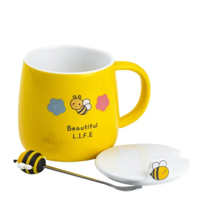 Чашка с крышкой и ложкой 450 мл керамическая "Пчелка" желтая с цветком (HP7199Y) - изображение 2