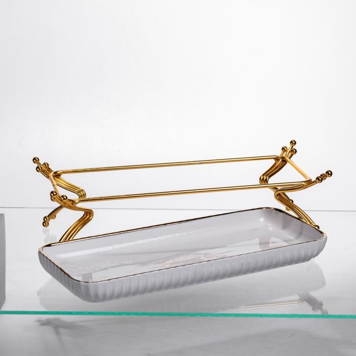 Порцелянове блюдо для сервірування на металевій підставці 29.5×12×9 (см) Білий із золотом LB-1565G (LB-1565G) - зображення 4