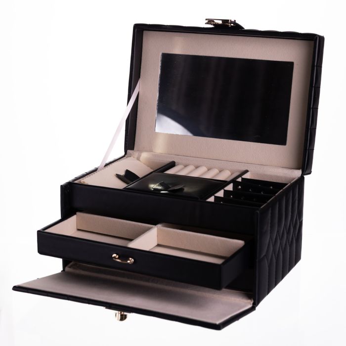 Скринька для прикрас з еко шкіри 3 яруси з дзеркалом органайзер для ювелірних виробів Чорний Yiwu HP-5-17B (HP-5-17B) - зображення 2