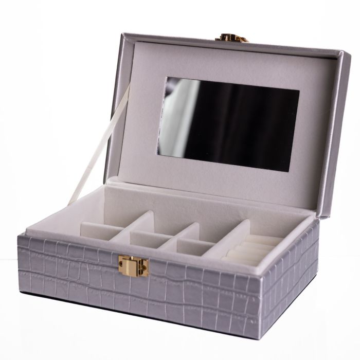 Скринька для прикрас з еко шкіри 10 відділень з дзеркалом 20×14×8 см Сірий HP-5-19G (HP-5-19G) - зображення 3